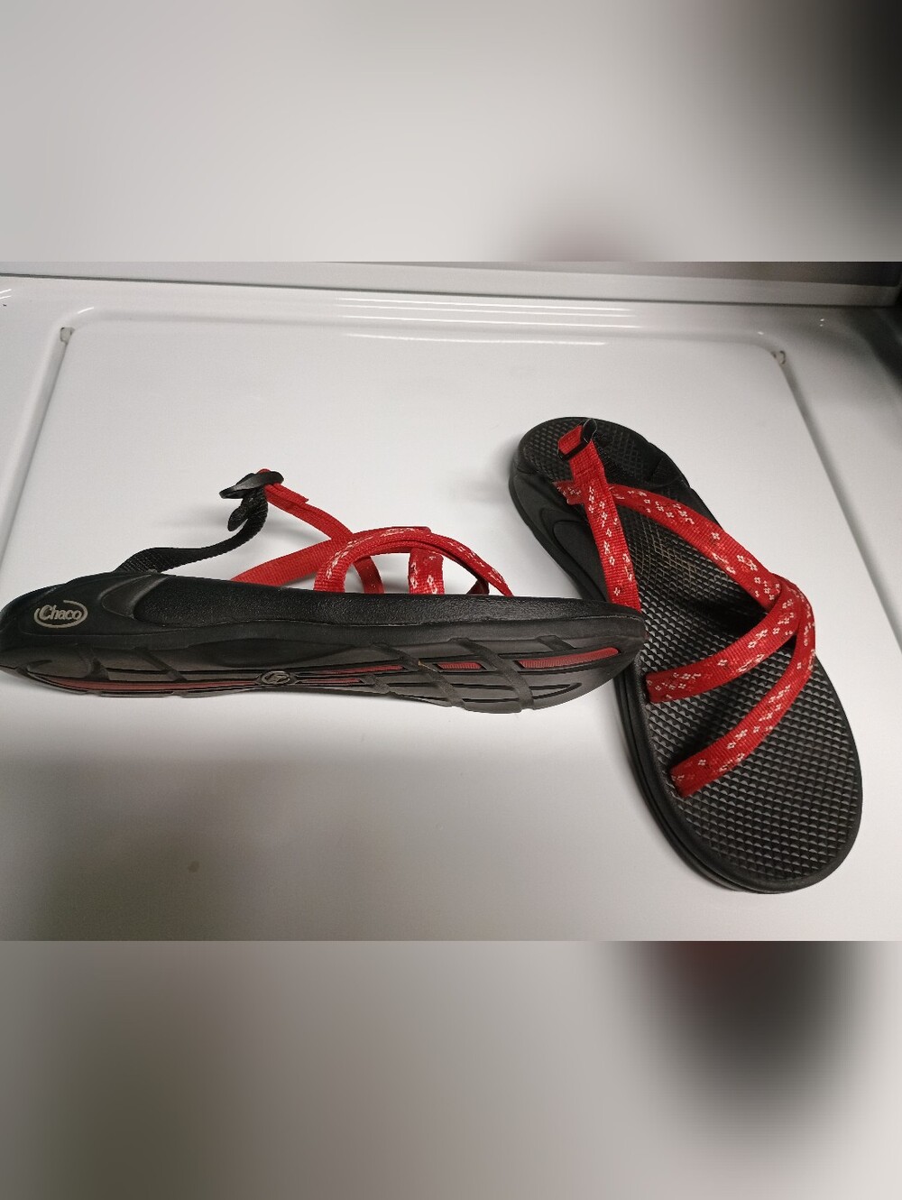 Red Strap Black Sole Chaco Casual Sandals - Picture 2 of 4